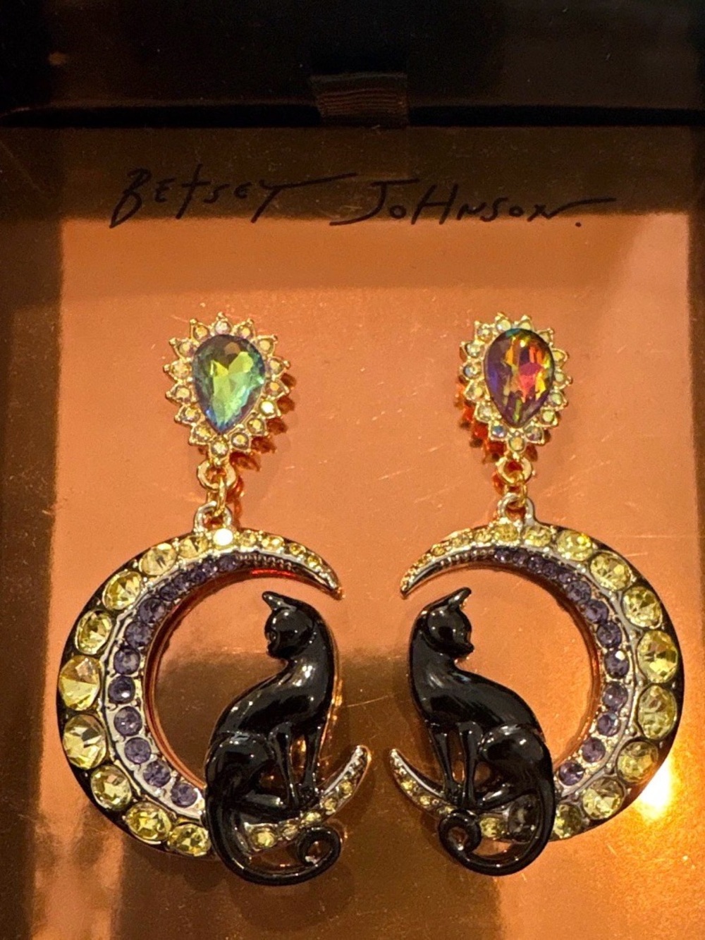 Betsey Johnson Cat and Moon Rhinestone Earrings NWT